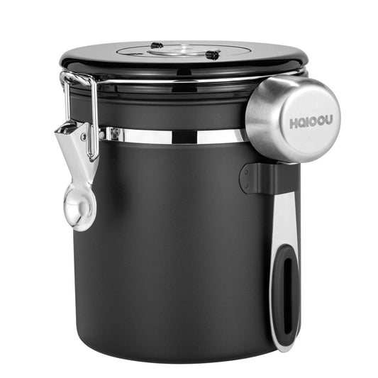 HAIOOU Airtight Coffee Canister, 16OZ Small Stainless Steel Coffee Bean Storage Container with Date Tracker, Measuring Scoop, CO2 Releasing Valves and Mini Tongs for Beans, Grounds and more - Black